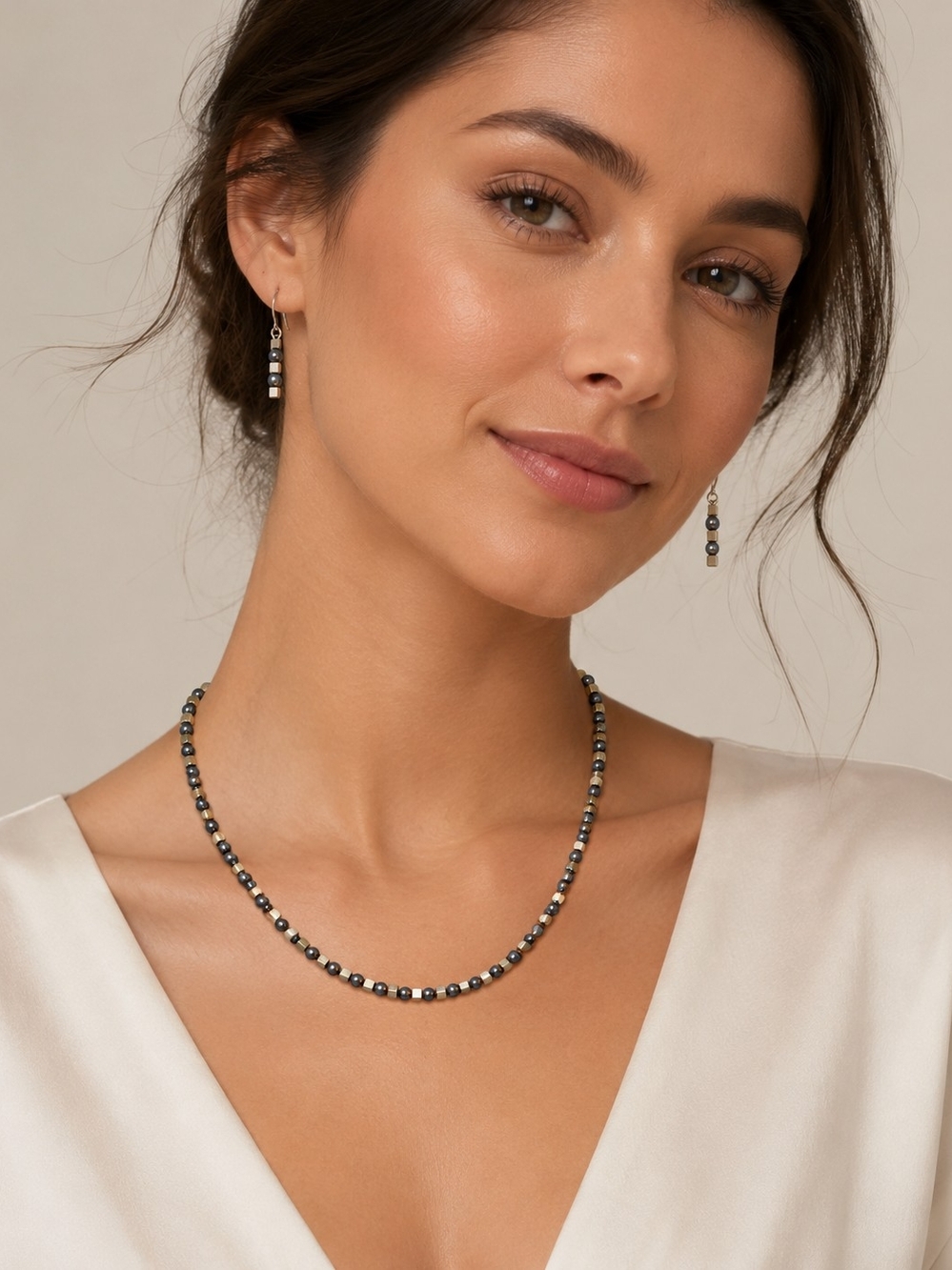 Napier Hematite and Silver Beaded Necklace with Matching Drop Earrings